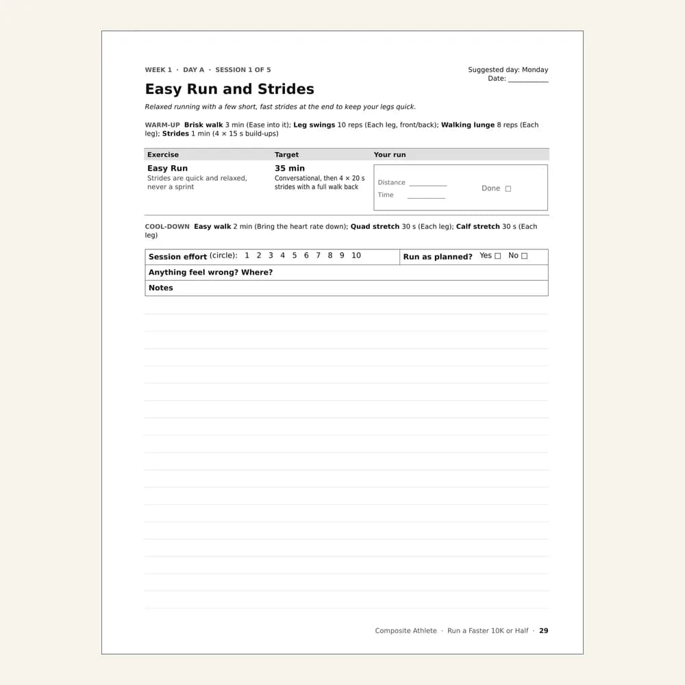 A session page from Run a Faster 10K or Half Marathon