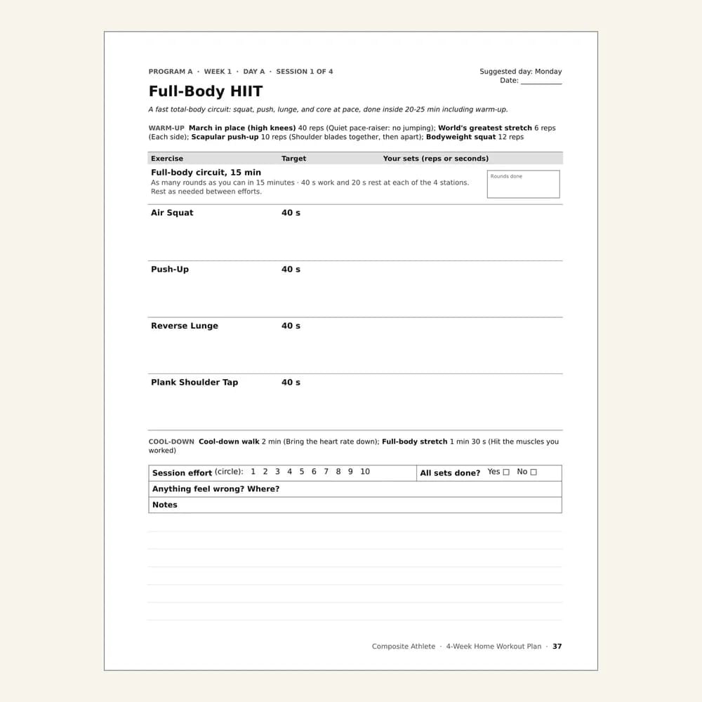 A session page from The 4-Week Home Workout Plan