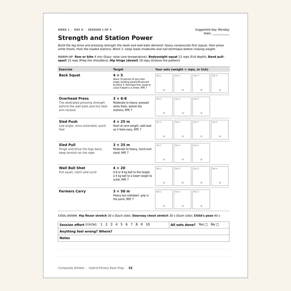 A session page from Hybrid Fitness Race Prep