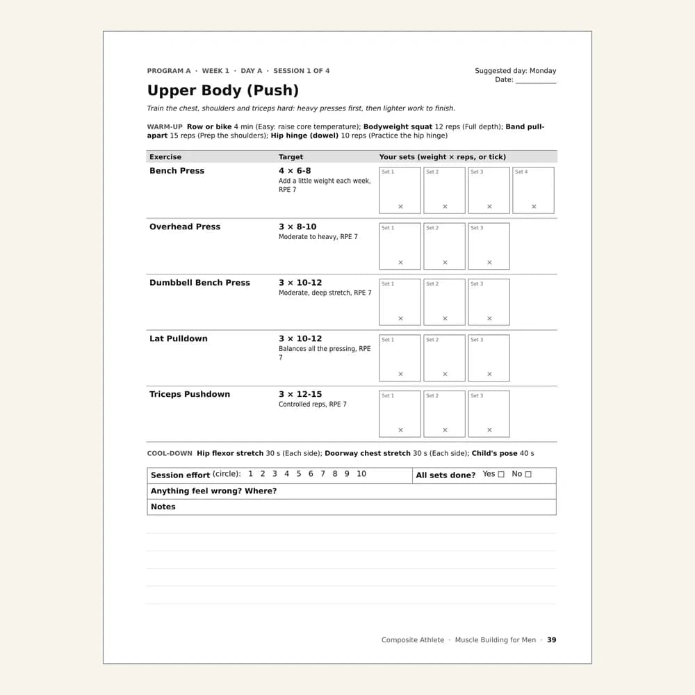 A session page from Muscle Building Workout Plan for Men