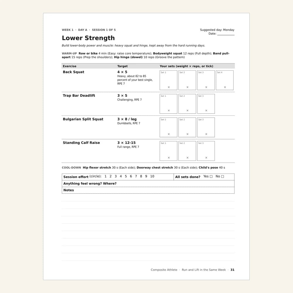 A session page from Run and Lift in the Same Week