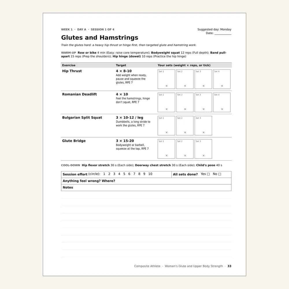 A session page from Women's Glute and Upper Body Strength