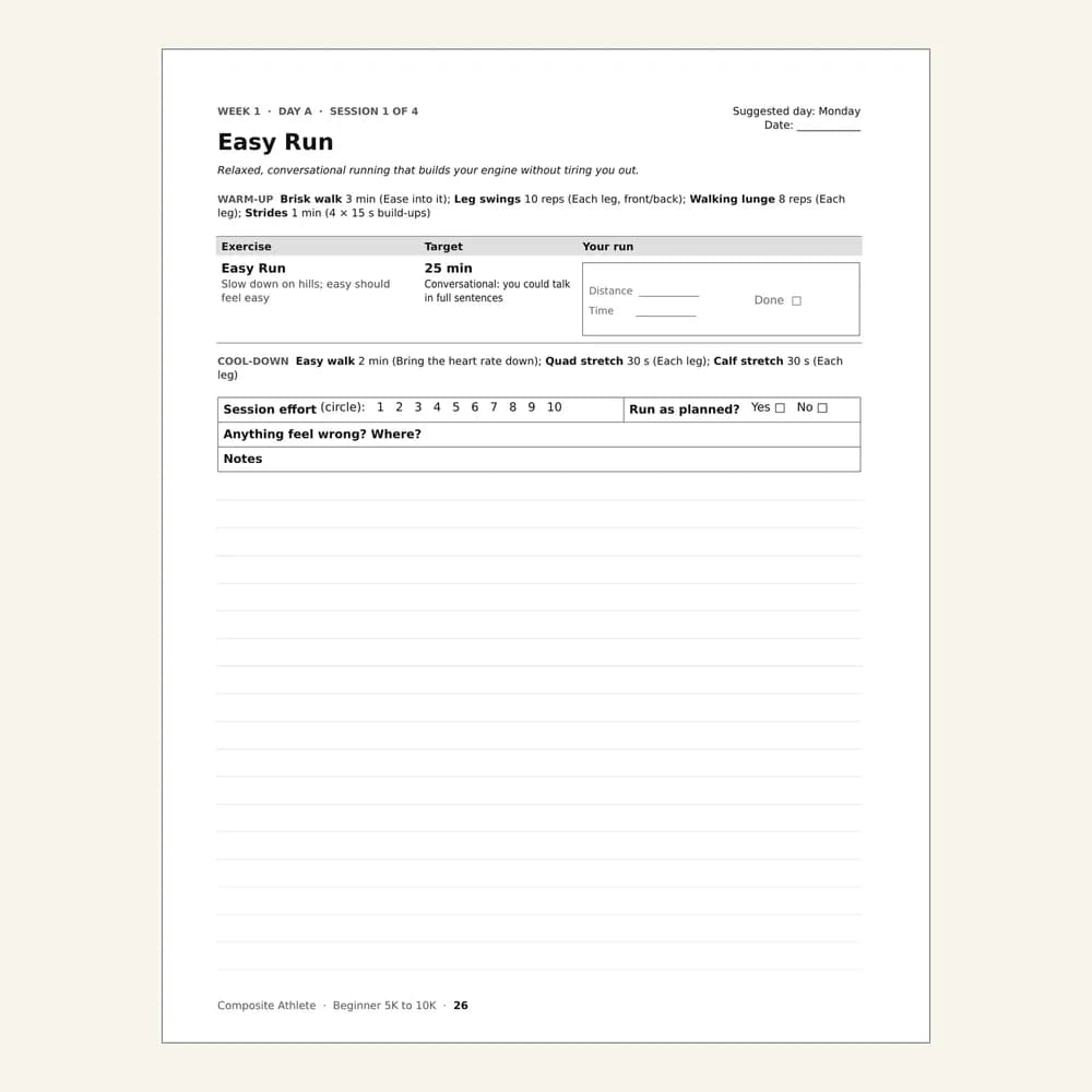 A session page from Beginner 5K to 10K Training Plan