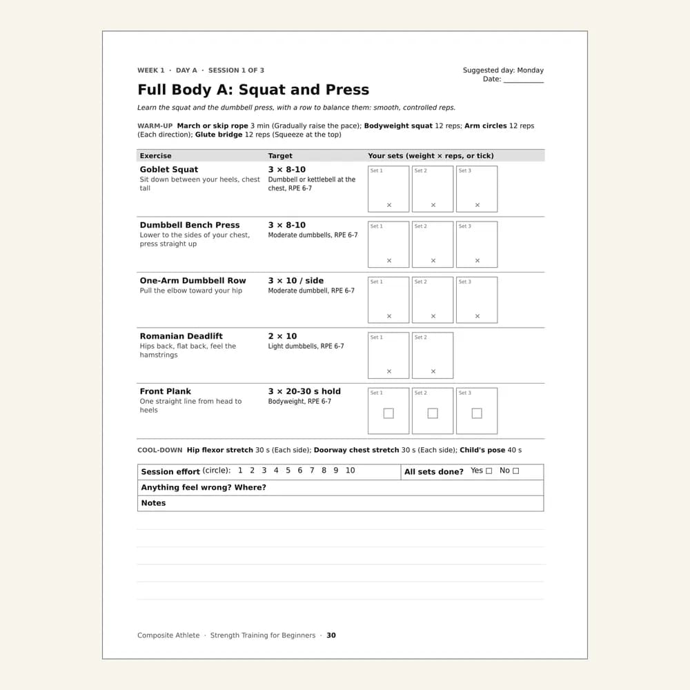 A session page from Strength Training for Beginners